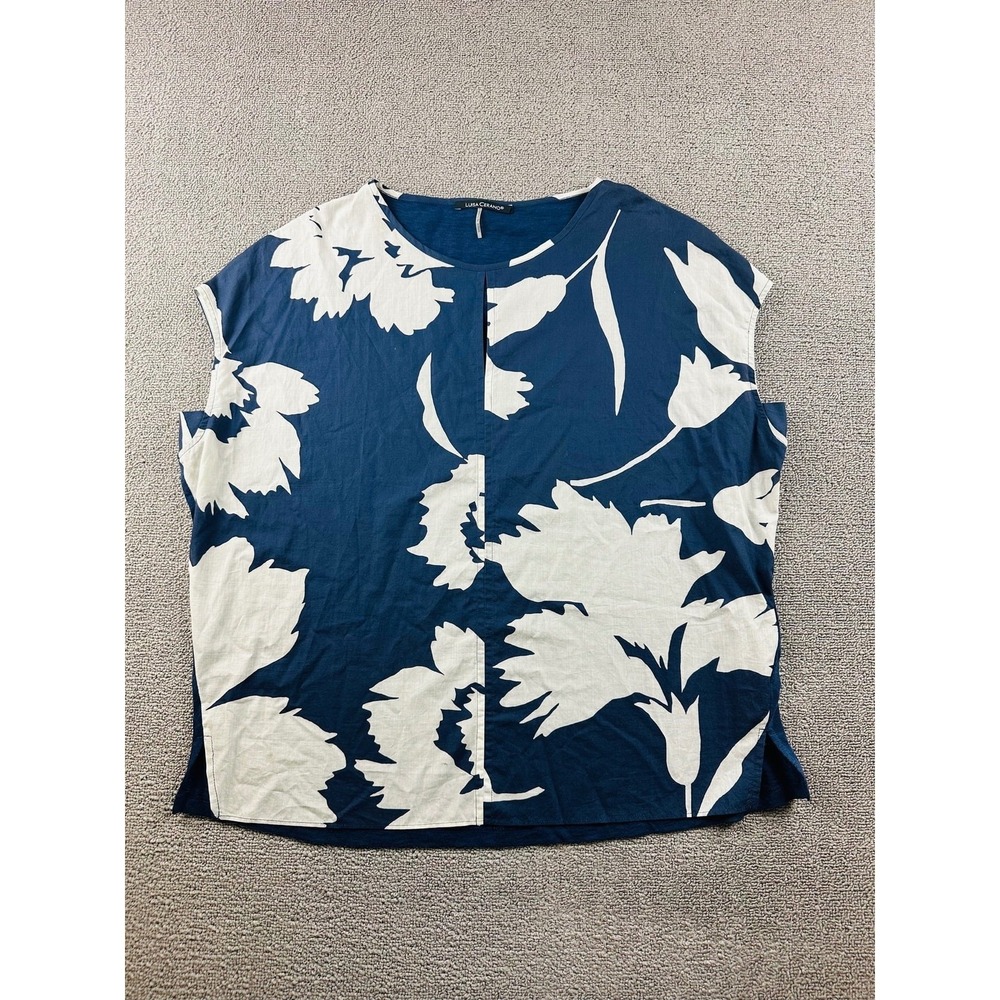 Luisa Cerano Blouse Women 10 Blue Floral Split Neck Cotton Modal Office Event
